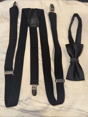 Classic Men's Suspenders and Bow Tie(Izod Silk) Set Black. Both Adjustable.